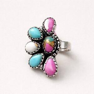 Cotton Candy Turquouse Half Cluster Sterling Silver Ring Size 9 (adjustable)